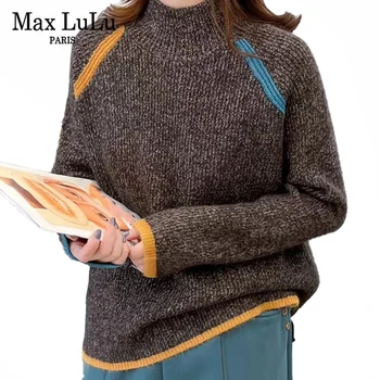  Max LuLu 2021 Zimné Dámske Turtleneck Dizajn Voľné Svetre Kórejský Štýl, Dámy Bežné Vintage Jumper Elegantné Ulici Pulóver