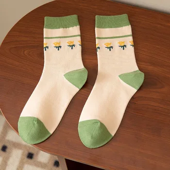  Výšivky Jeleň Ponožky Ženy Japončina Kórejčina Iny Voľné Ponožky Zelená Cartoon Kvetinové Módne Študent Bavlny Dlho Sox Teplá Jeseň