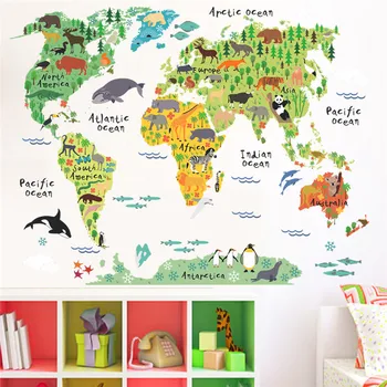  Cartoon zvieratá mape sveta samolepky na stenu pre deti izby office škôlky domova 037 diy stenu plagát nástenné art