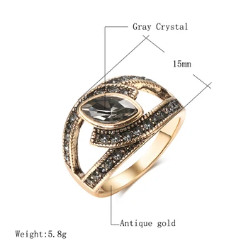  Wbmqda Boho Šedá Crystal Krúžok Etnických Nevesta Svadobné Starožitné Zlata Farba Veľký Zirkón Kameň Prstene Pre Ženy Vintage Šperky