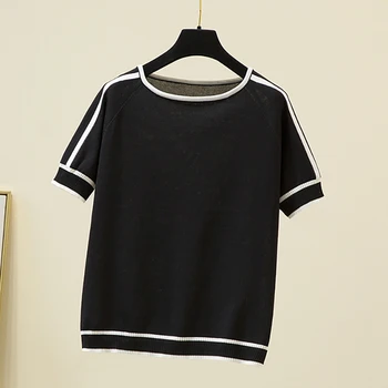  Krátky Rukáv, Čierna Biele Pletené Tshirts Pre Ženy Lete Nové Myslíte, Že Kórejský Módne Príležitostné O Krk Voľné Tee Tričko Femme Topy