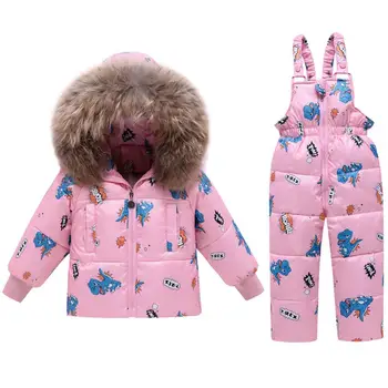  V zime Teplé detské Oblečenie Stanovuje Skutočný Kožušiny Baby Girl Kačica Nadol Snowsuit Deti Lyžiarske Oblek Nastaviť Chlapca Nadol Bundy+Podväzkové Nohavice