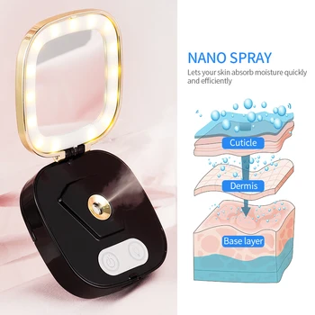  2In 1 Nano Sprej Nástroj USB Nabíjanie Tvár Hydratačný Zvlhčovač vzduchu s 3 Režimami Farby LED make-up Zrkadlo Tváre Parník