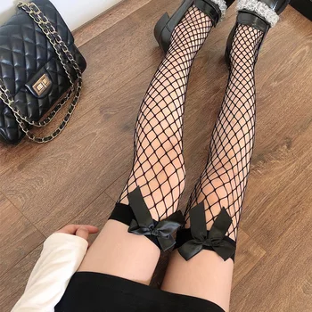  Gotický Lúk Nad Kolená Ponožky Ženy Japonský Lolita Black Bow Sieťované Pančuchy Harajuku Kawaii Sexi Stehná Vysoké Pančuchy Ženy