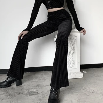  E-dievča Gotický Vysoký Pás Dlhé Nohavice 2021 Ženy Velvet Prúžok Chudá Obličkového Nohavice Vintage Čierne Capri Streetwear Oblečenie