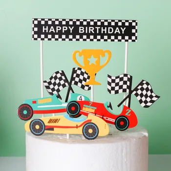 Happy Birthday Cake Vňaťou Racing Car Cup Odmenu Anniversaire Dekor Vlajka Strany DIY Pečenia Dodávky Cupcake Mulčovače Baby Sprcha