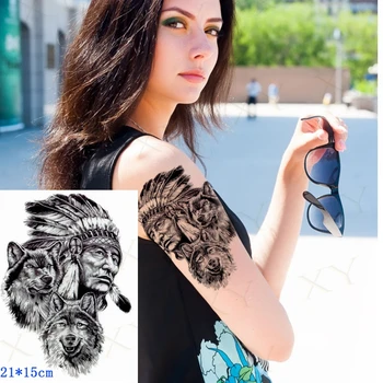  Nepremokavé Dočasné Tetovanie Samolepka Hlavný Indiáni Flash Tetovanie Vlk Pierko Body Art Rameno Falošné Rukáv Prinker Tetovanie Ženy Muži