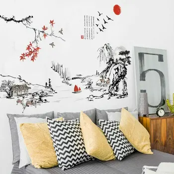  Čínsky Štýl, Atramentová Maľba Krajiny Wall Art Nálepky Obývacia Izba Pozadí PVC