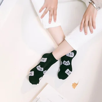  5 Párov Žien Ponožky Jeseň Fashion Kreslených Mačka Hlavu Čierna A Biela Mačka Vzor Priedušná Pohodlné Roztomilé Ponožky Čln
