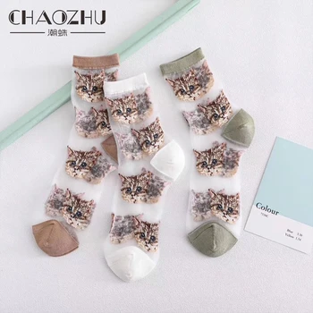  CHAOZHU Kawaii Dievčatá, Ženy Lete Tenké Krásne Mačky Hlavy Vzory, 5 Farby Obyčajné Ponožky Priedušná Trendy Street Calcetines Lady