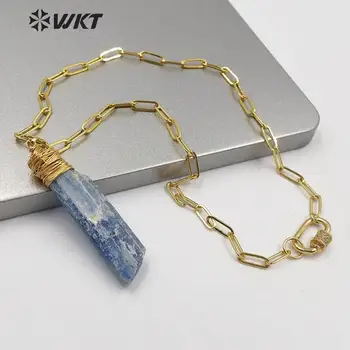  WT-N1221 WKT Nové ! Kameň Náhrdelník Mosadzný Drôt Warpped Modrá Kyanite Zlato Elektrolyticky Pokrývajú Prívesok Náhrdelník Ženy Módne Šperky