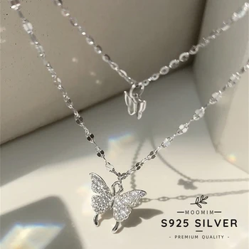  Kórejský Dizajn Silver Motýľ Náhrdelník Dvojvrstvové s Zirkón pre Dámy Dievča Dar Svadba na Denné Nosenie, S925 Jemné Šperky