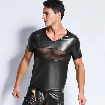  M-XXL Sexy mužov faux kožené t košele Mužskej módy Undershirts Mužov black Tees tesné tričká Gay Zábavné korzet čipky oka Dancewear