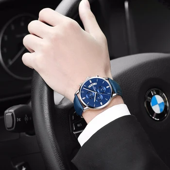  NIBOSI 2309 Modré Kožené Módne Pánske Hodinky Top Značky Luxusné Quartz Hodinky Vodotesné Svetelný Chronograf Športové Náramkové hodinky