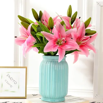  Umelá Kvetina, 3 Hlavy Mini Cítiť Svieži Lily PVC Falošné Kvetinové Svadobné Domov Stôl Dekorácie Kytice