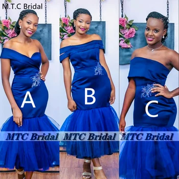  Krátke Kráľovská Modrá Bridesmaid, Šaty 2021 Veľkoobchod Krátke Morská Víla Ramena Black Dievčatá Svadobné Party Šaty Pre Chyžné