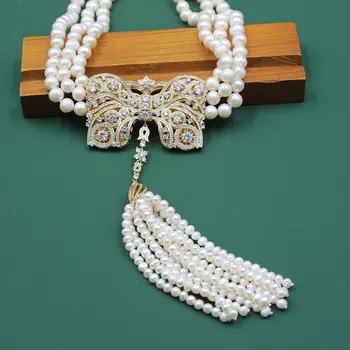 GuaiGuai Šperky Sladkovodných Kultivovaných White Pearl Náhrdelník Bowknot Tvar Cubic Zirconia Pripraviť Strapec Prívesok, Ručne Vyrábané Pre Ženy