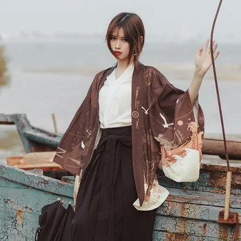  Japonský voľné župan Vintage plachetnici Plavby Hnedé haori lete opaľovací Krém kimono Cardigan kabát cosplay