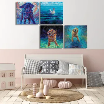  Moderné Psa Moonlight Plávanie Kuracie Sea Wall Art Plátno na Maľovanie Obrázok, Plagát a Tlač Galéria Domova