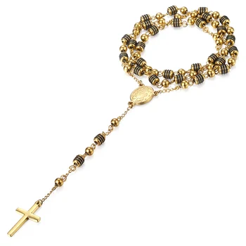  Ruženec-6mm Ježiša Krista na Kríži Prívesok Náhrdelník Gold Black Tón Nehrdzavejúcej Ocele Perličiek s Dlhým Reťazcom Ženy Muži Módne Šperky KN434