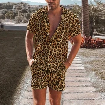 Muži Havajské Sady Letných Leopard Tlač Krátky Rukáv Tlačidlo Tričko Beach Šortky Dva Bežné Ulici Dovolenku Mens 2 Kus Oblek