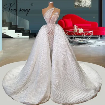  Nádherné Dlhé Svadobné Šaty, Saudská Arabčina Lištovanie Perly Svadobné Šaty Vestidos De Noiva 2022 Luxusný Dubaj Formálne Nevesta Šaty