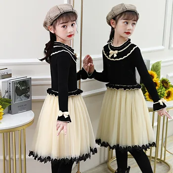  Dievčatá Čipky Bowknot Šaty Deti Jeseň kórejský Šaty 3-12 Rokov Deti je Elegantné Narodeniny Zimné Oblečenie, Šitie Narodeniny Kostým