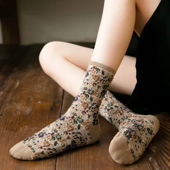  Retro Etnických Kvety Štýl Jeseň Zima Bavlna Ženy Ponožky Bežné Pohodlné Dámske 2021 Nový Roztomilý Jar Dievčatá Harajuku Posádky