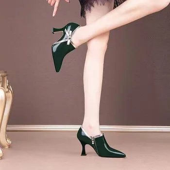  2021 NOVÉ Módne Jarné Topánky Ženy Čerpadlá Vysoké Podpätky Ukázal Prst Bowtie Bočné Zip Žena Footware Zelená Čierna