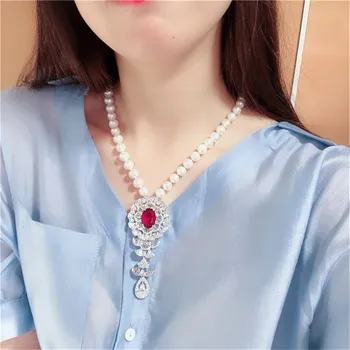  YKNRBPH Žien Nové prírodné sladkovodné perlový náhrdelník červený a modrý zirkón boutique temperament sveter reťaze