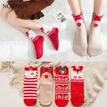  NORMOV 4 Párov Ponožky dámske Vianočné Ponožky Nový Rok 2022 Darček Ženy Zime Teplé Roztomilý s potlačou Zábavné Červené Ponožky Nastaviť