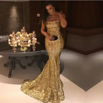  YNQNFS ED98 Vestido Longo bez Ramienok Morská panna Večerné Šaty Bling Gold Flitrami Formálnej Strany guľové Šaty 2018