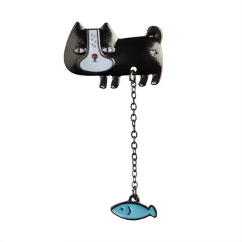 Roztomilý Kreslený Cat Kitten Ryby Plachetnica Kovové Brošňa Kolíky s Reťazca Pin Denim Jacket Pripnúť Odznak Darček Šperky
