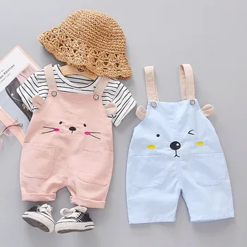  Letné detské odevy nové baby boy šaty sady karikatúra-krátke rukávy pruhované tričko + krátke nohavice 2 ks chlapec dievča oblek