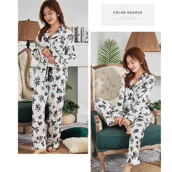  Ženy Faux Hodváb Pajama Sady Saténové Pyžamo Femme Sleepwear Dlhý Rukáv Atramentová Tlač Pyžamá pre Dievča Odev Nové 2021 Pijamas