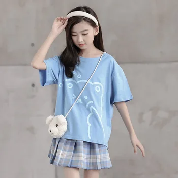  Dievča Letné Oblečenie kórejský Krátky Rukáv Roztomilý T-shirt Top + Skladaná Sukňa Nastaviť Veľké Deti školákov Teen Milé Dievčatá Oblečenie
