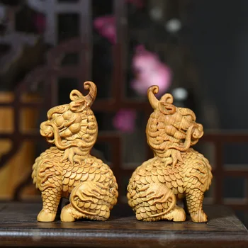  Masívneho dreva sľubný zviera jednorožec ornament，Drevené ručne vyrezávané ，Čínsky maskot Roztomilý Domov Stôl Dekor Remeslá