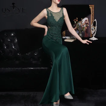  Emerald Večerné Šaty Lopatka Krku Morská Víla Prom Šaty Ilúzie Späť Čipky Appliques Party Šaty Tvárny Zelená Formálne Elegantné Šaty